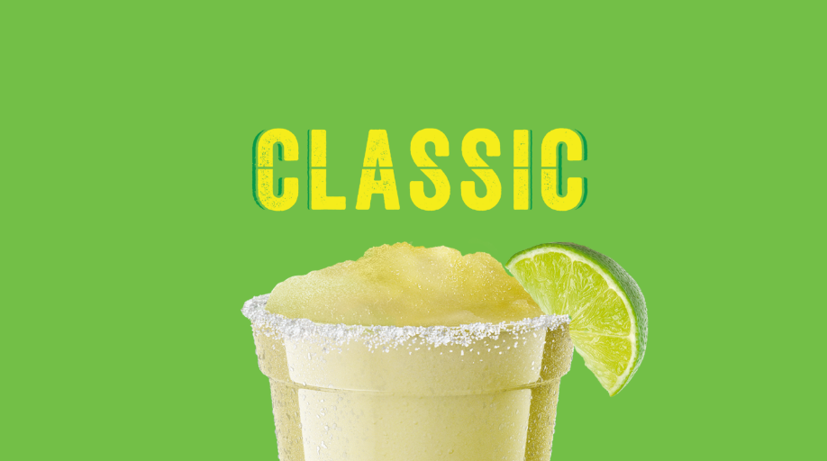 Signage featuring a classic margarita on a green background with the word classic written on it.