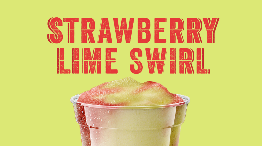 Signage featuring a strawberry lime swirl margarita on a light green backgorund with the words strawberry lime swirl written on it.