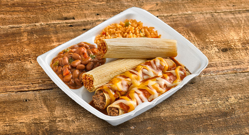Two Enchiladas and Tamales with Rice and Beans